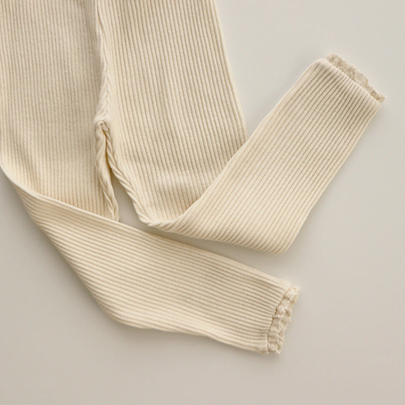 Girls' Stretch Leggings With Lace Trim Knit Rib