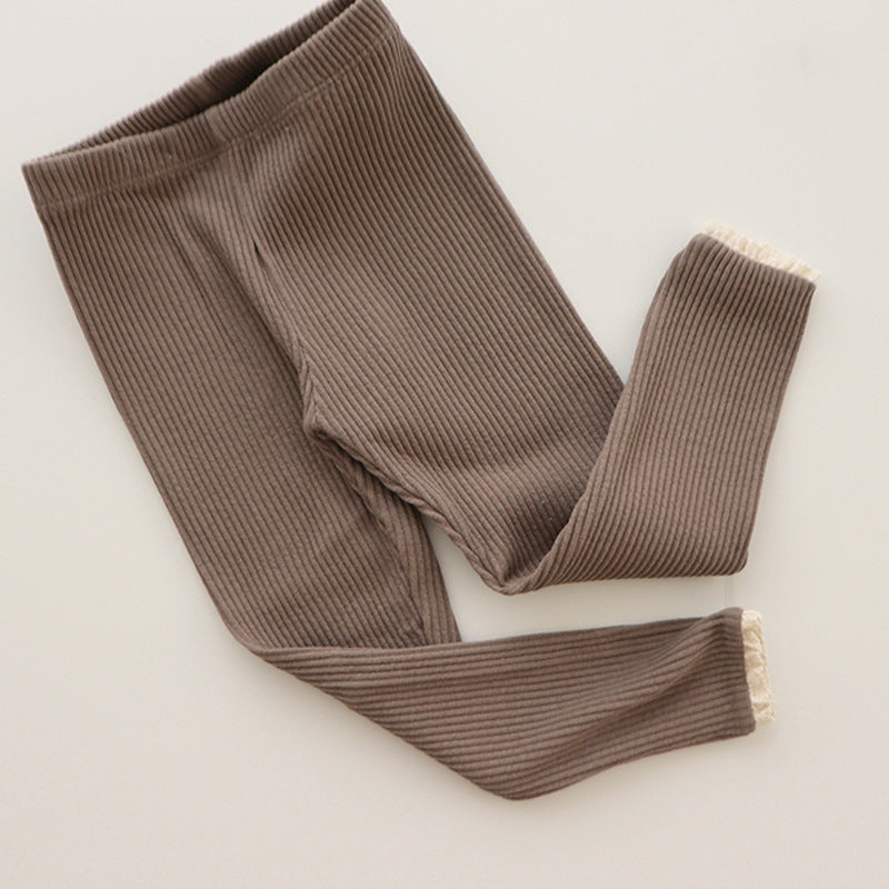 Girls' Stretch Leggings With Lace Trim Knit Rib
