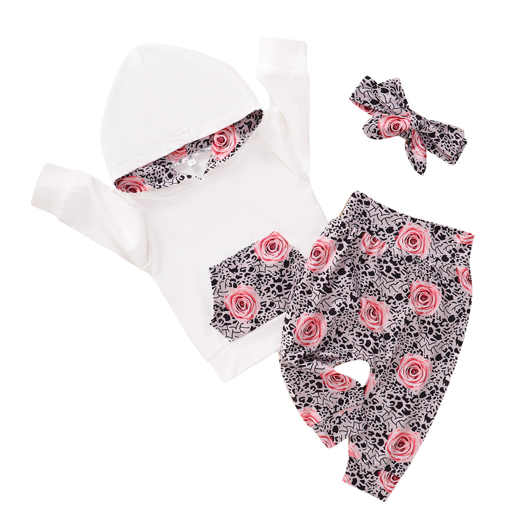 Infant Sweater Hooded Long Sleeve White Pants Set With Flowers