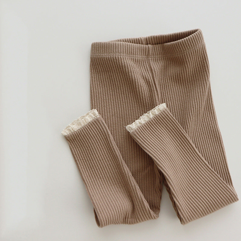 Girls' Stretch Leggings With Lace Trim Knit Rib