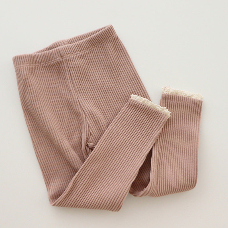 Girls' Stretch Leggings With Lace Trim Knit Rib